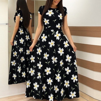 дамска рокля принт  J61398 черна на цветя