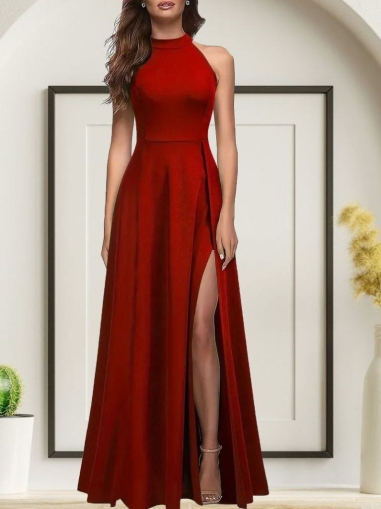 дамска рокля дълга с цепка J72116 червена