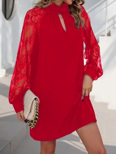 дамска рокля  с тюлени ръкави J71336 червен
