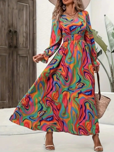 дамска рокля  с дълъг ръкав щампа J61658