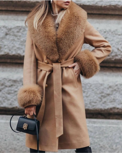 palton de cașmir pentru femei cu guler din piele N2314 bej