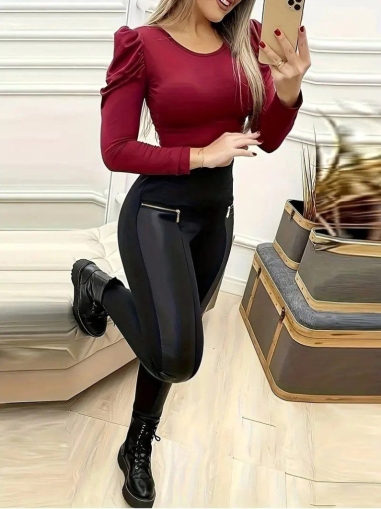 pantaloni de damă din piele ecologică cu talie înaltă J46132