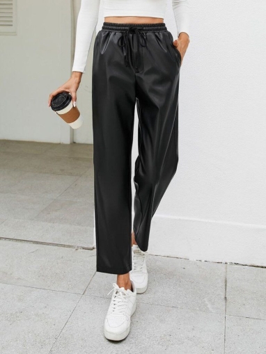 pantaloni de damă din piele ecologică cu talie înaltă J46132