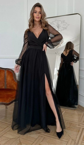 дамска рокля дълга с тюл J61780 черен