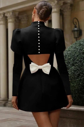 дамска рокля дълъг ръкав с панделка на гърба  J61763 черен