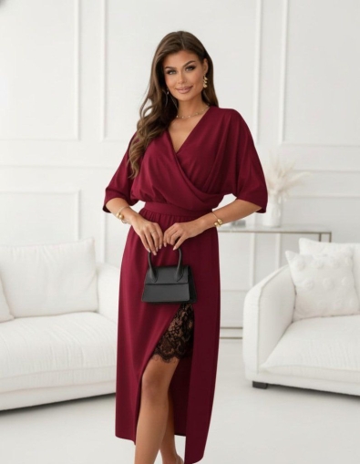 дамска рокля с стрничен дантелен детайл  J61932 бордо