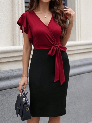 дамска рокля с ръкав тип пеперуда  J61628 червен/черен