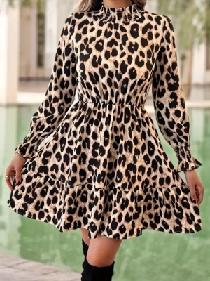 дамска рокля  с дълъг ръкав леопардов принт J51023