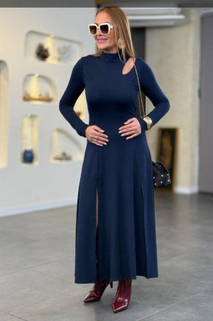 дамска рокля с поло якя и цепка на рамото J61709 син