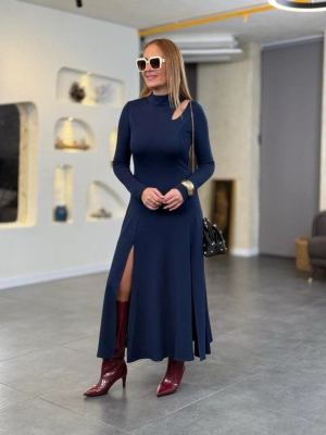 дамска рокля с поло якя и цепка на рамото J61709 син