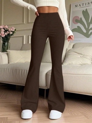 дамски панталон с висока талия широк крачол   J76200 кафяв