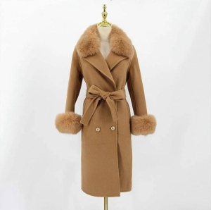 palton de cașmir pentru femei cu guler din piele N2314 bej