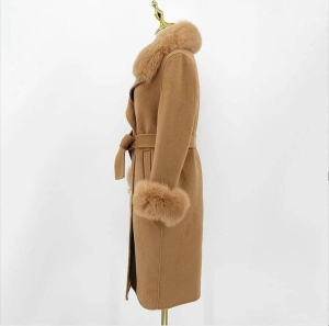palton de cașmir pentru femei cu guler din piele N2314 bej