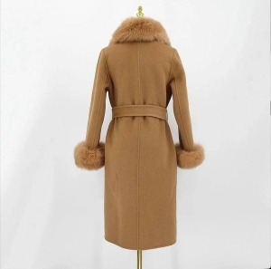 palton de cașmir pentru femei cu guler din piele N2314 bej