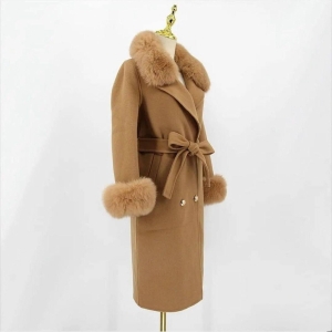 palton de cașmir pentru femei cu guler din piele N2314 bej