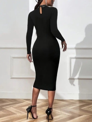 дамска рокля поло яка с камъни  J61757 черен