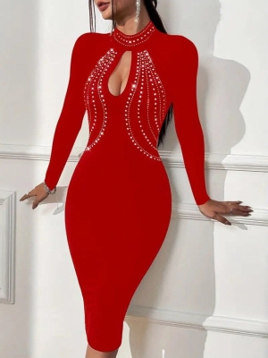 дамска рокля поло яка с камъни  J61757 червен