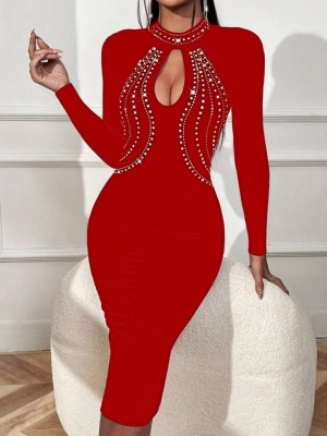 дамска рокля поло яка с камъни  J61757 червен