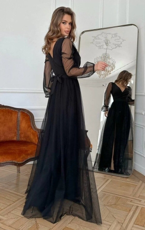 дамска рокля дълга с тюл J61780 черен