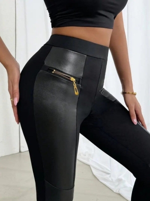 pantaloni de damă din piele ecologică cu talie înaltă J46132
