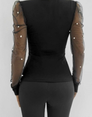 дамска блуза  с перлени детайли и тюл j71354 черен