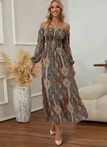 дамска рокля с голи рамене принт  J61794