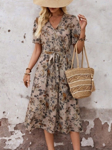 дамска рокля принт  J97127 бежов