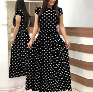 дамска рокля принт  J61398 черна на точки