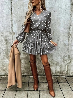 дамска рокля с колан на точки  J61735 сив