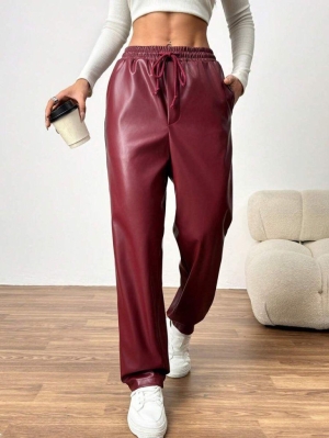 pantaloni de damă din piele ecologică cu talie înaltă J46132