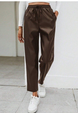 pantaloni de damă din piele ecologică cu talie înaltă J46132