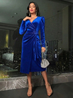 дамска рокля кадифе  J72339 син