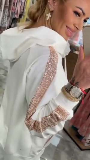 дамски компект с пайети и качулка J55265-бял