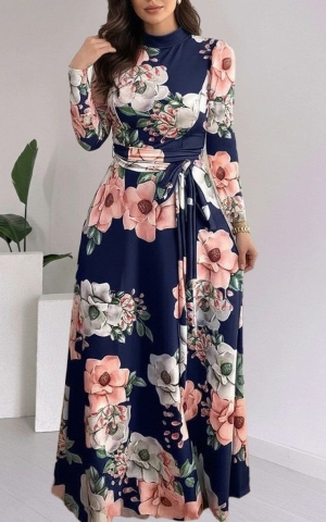 дамска рокля с флорален принт  J97112 син