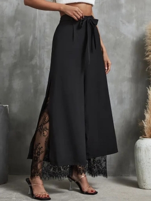 дамски панталон с висока талия и широк крачол и днтела J72238