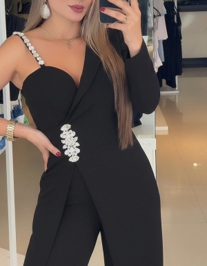 дамски гащеризон  с едно рамо и флорални детайли  J62030 черен