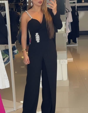 дамски гащеризон  с едно рамо и флорални детайли  J62030 черен