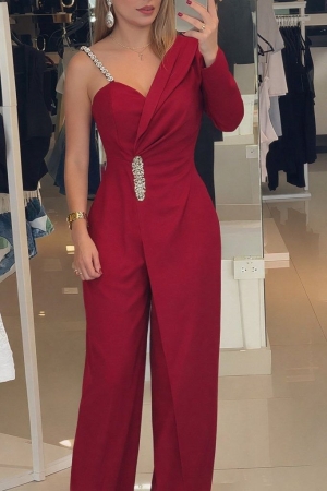 дамски гащеризон  с едно рамо и флорални детайли  J62030 червен