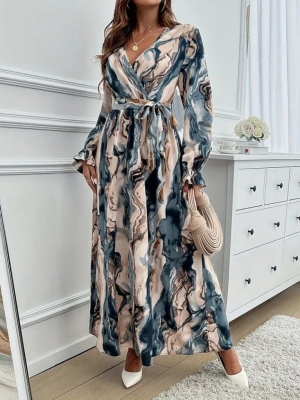 дамска рокля с прехлупване с колан и шарки  J61707