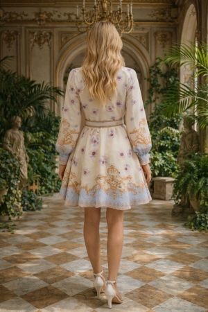 дамска рокля с V деклоте и шарки AS7919 бежов/светло син