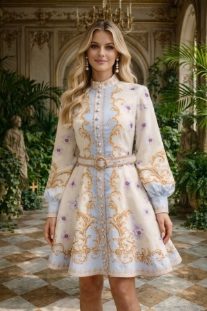 дамска рокля с V деклоте и шарки AS7919 бежов/светло син