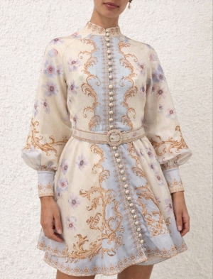 дамска рокля с V деклоте и шарки AS7919 бежов/светло син