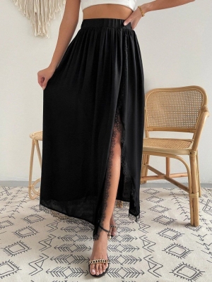 дамска пола с висока талия странична цепка и дантела J15001