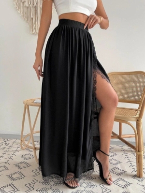 дамска пола с висока талия странична цепка и дантела J15001