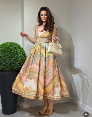 дамска рокля лен с шарки  AS7402