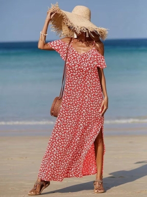 дамска рокля с открити рамена презрамки цепка шарки  J62289 червен