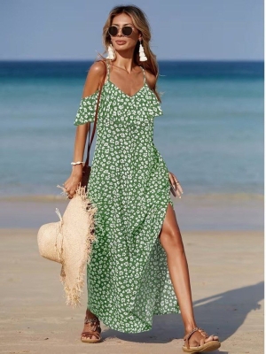 дамска рокля с открити рамена презрамки цепка шарки  J62289 зелен