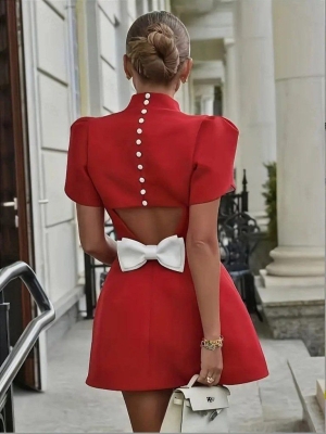дамска рокля с панделка на гърба сатен  J46100 червен