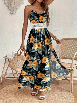 дамска рокля с  презрамки V деклоте  и цепка  принт   J76146 черен