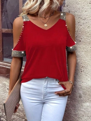 дамска блуза с V деклоте открити рамене с детайл   J62114 червен